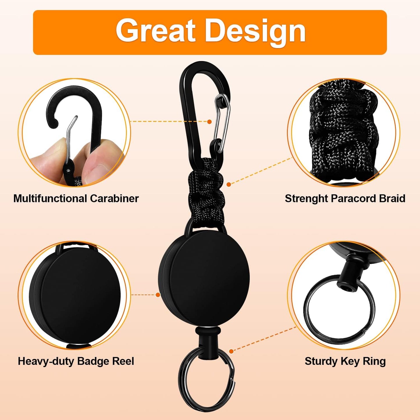 Retractable Keychain 3 Pack Heavy Duty Carabiner Badge Holder Extendable Reel ID Badge Holders Retractable for Keys Ring with 60 cm Steel Cord and Lanyard (Black)