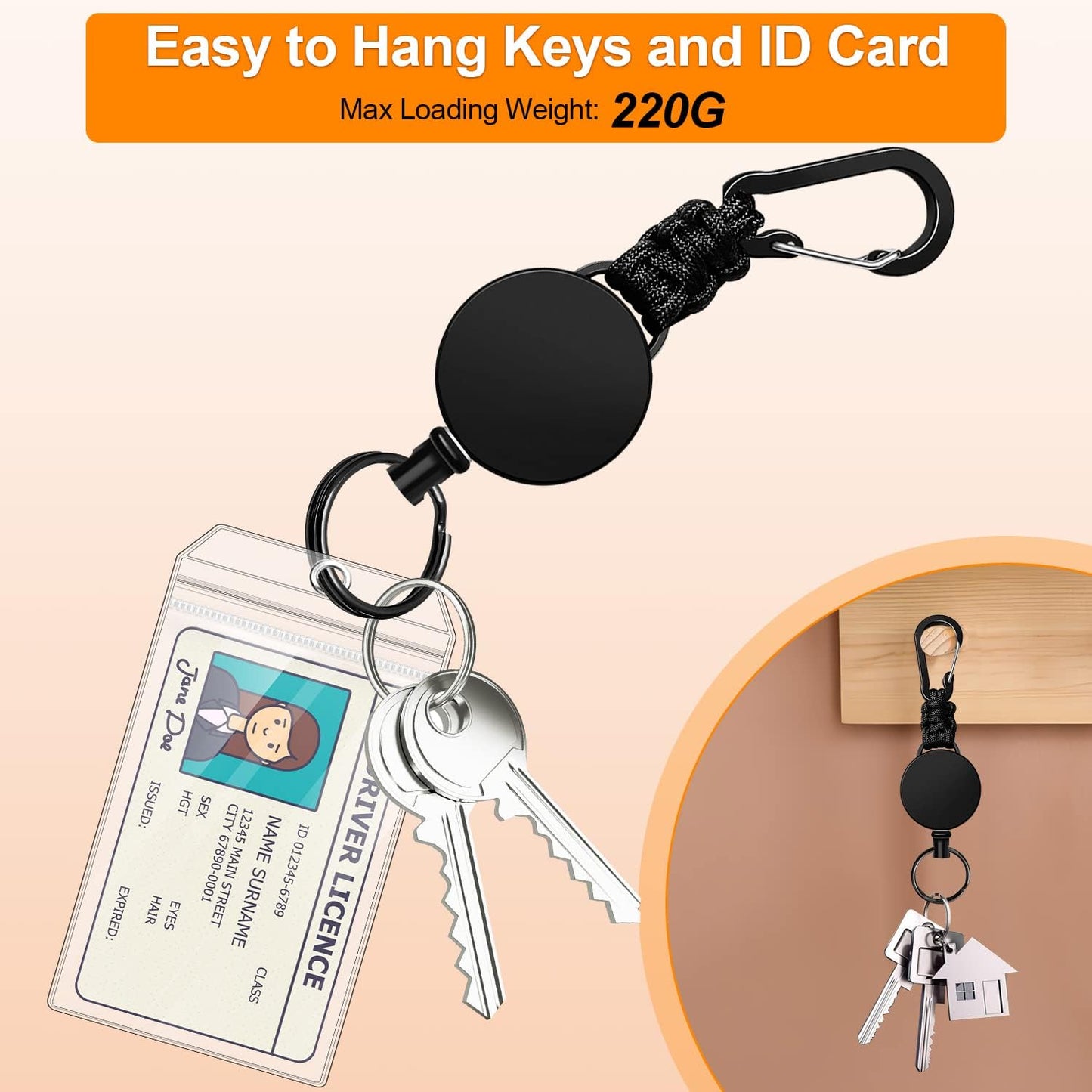 Retractable Keychain 3 Pack Heavy Duty Carabiner Badge Holder Extendable Reel ID Badge Holders Retractable for Keys Ring with 60 cm Steel Cord and Lanyard (Black)