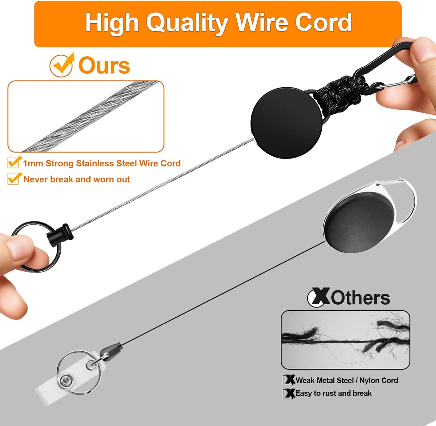 Retractable Keychain 3 Pack Heavy Duty Carabiner Badge Holder Extendable Reel ID Badge Holders Retractable for Keys Ring with 60 cm Steel Cord and Lanyard (Black)