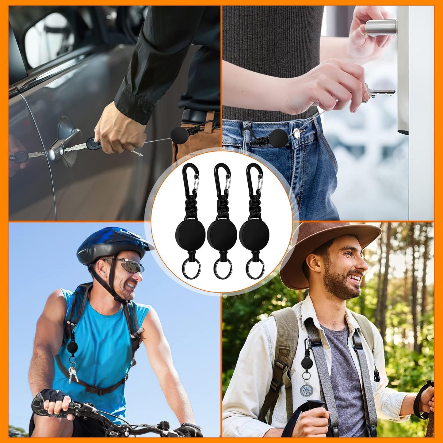 Retractable Keychain 3 Pack Heavy Duty Carabiner Badge Holder Extendable Reel ID Badge Holders Retractable for Keys Ring with 60 cm Steel Cord and Lanyard (Black)