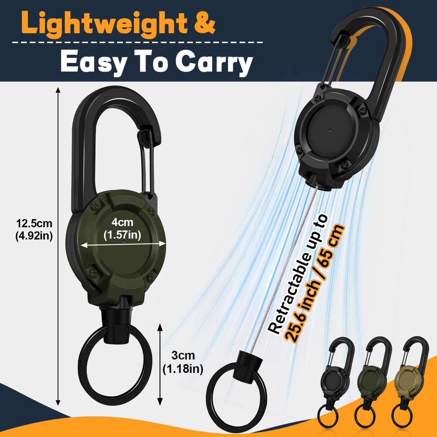 Retractable Keychain 3 Pack, Heavy Duty ID Badge Holder Reel, Multitool Carabine Key Holder for Keychain, Badge Holder with 25.6" Steel Retractable Cord Key Ring Clip, 8.8 oz