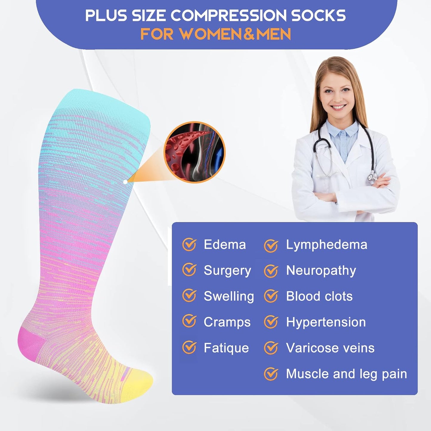 Pl Size Compression Socks for Women Men Wide Calf Extra Large 15-20 mmHg Knee High Sock for Nurses Pregnant Travel
