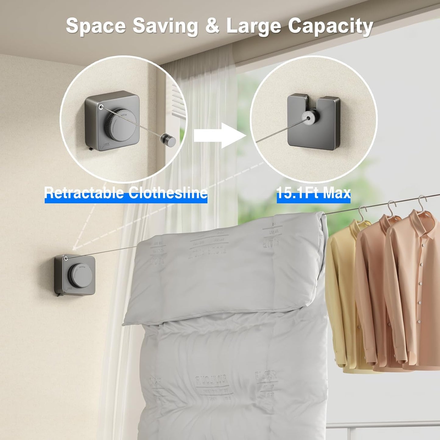 Retractable Clothesline 15.1ft - Wall Mounted Stainless Steel Non-Sagging Gray