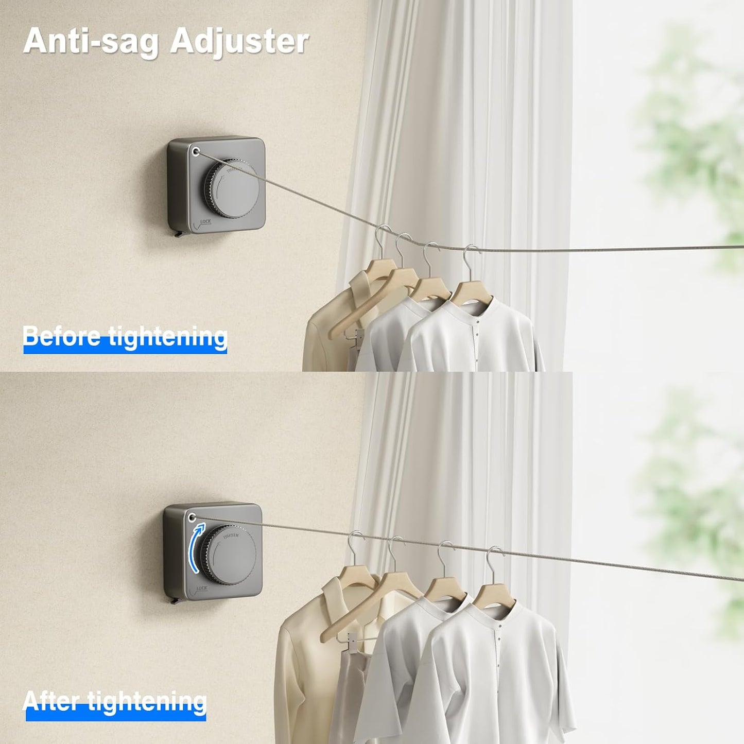 Retractable Clothesline 15.1ft - Wall Mounted Stainless Steel Non-Sagging Gray