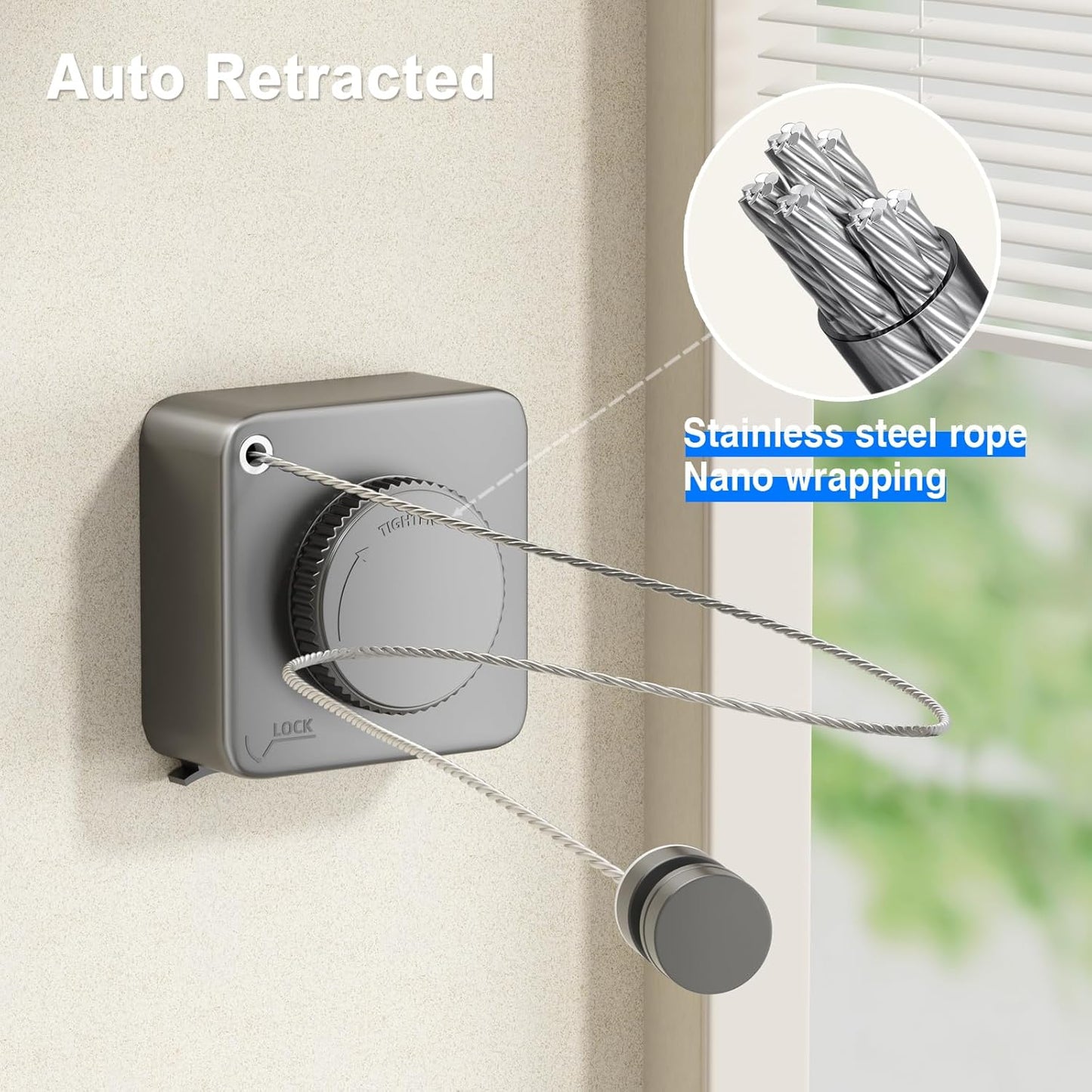 Retractable Clothesline 15.1ft - Wall Mounted Stainless Steel Non-Sagging Gray