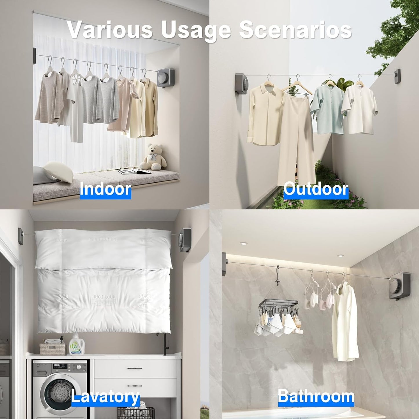 Retractable Clothesline 15.1ft - Wall Mounted Stainless Steel Non-Sagging Gray