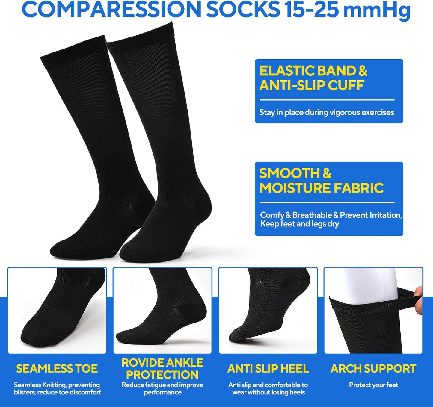 Compression Socks 3-Pairs 15-25mmHg - Support for Running Cycling & Nurses