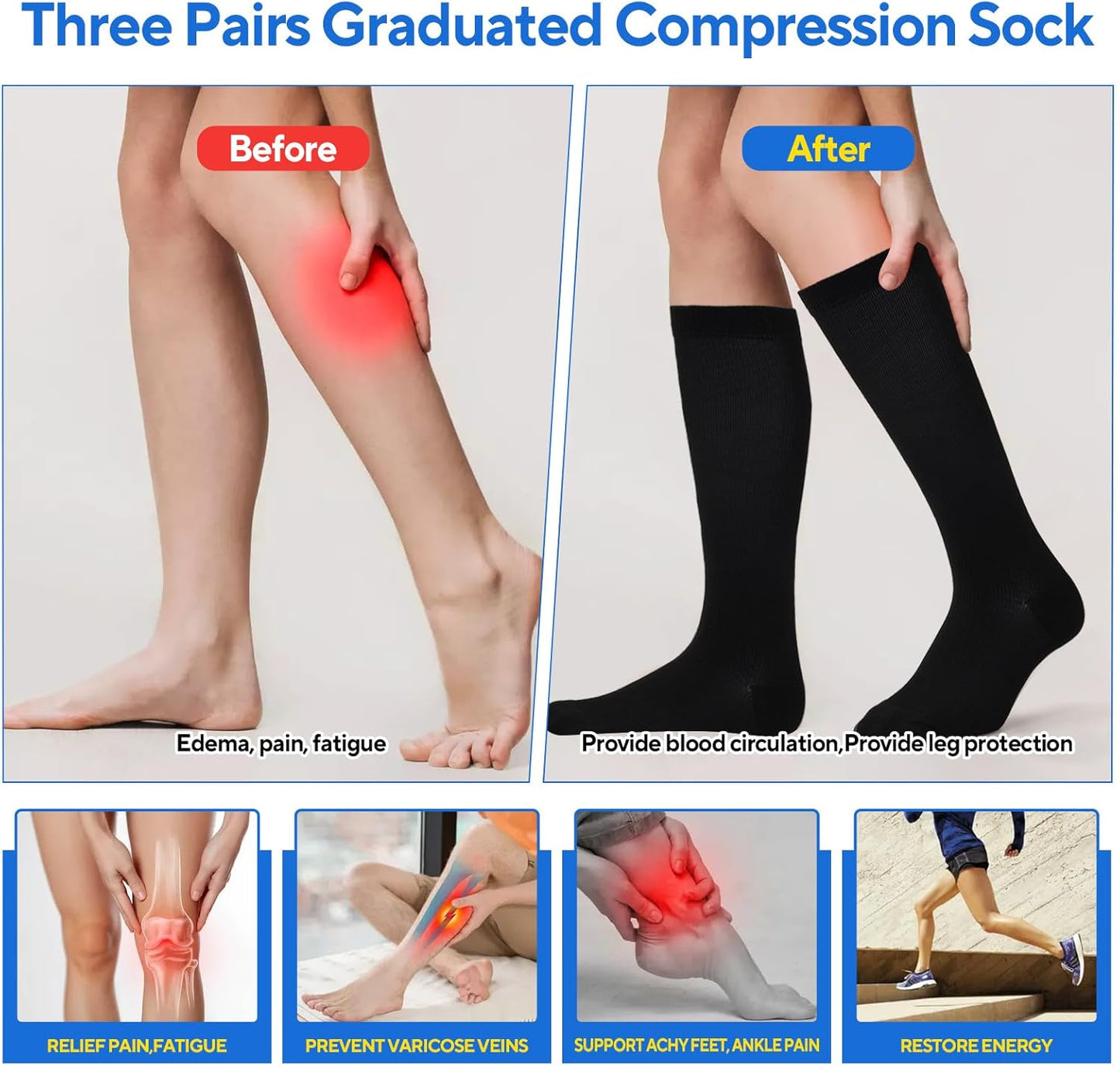 Compression Socks 3-Pairs 15-25mmHg - Support for Running Cycling & Nurses