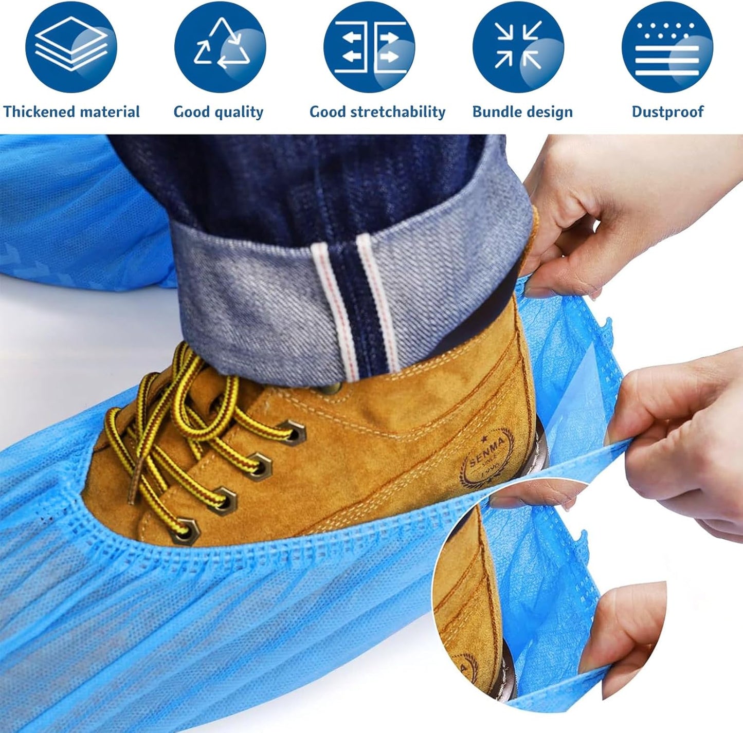 Disposable Shoe Covers 100-Pack - Extra Thick Non-Woven Non-Slip Boot Covers Blue