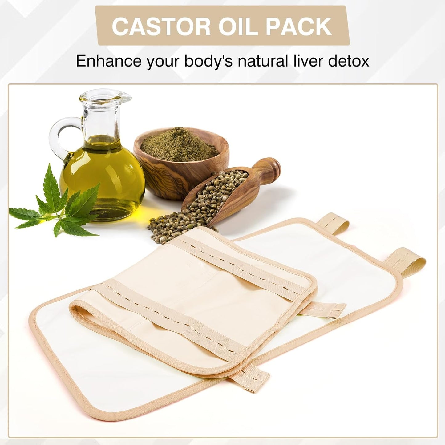 Castor Oil Pack, Adjustable Reusable for Liver Detox, Castor Oil Pack Wrap for Stomach Less Mess, Elastic Strap Bamboo Cotton Machine Washable Anti Leak 1pcs