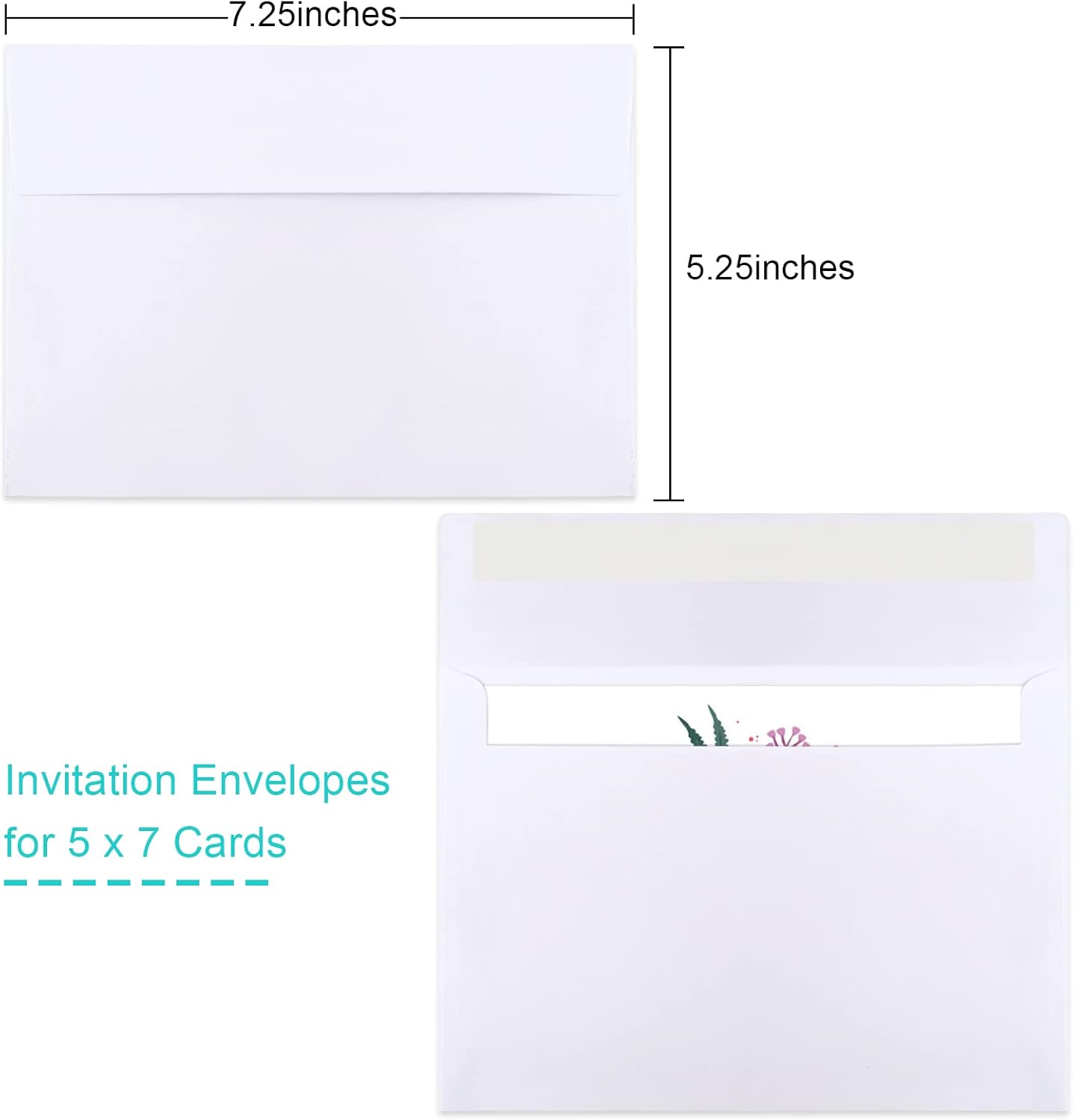50 Packs 5x7 Envelopes, White A7 Envelopes for Invitations, Printable, Self Seal Weddings, Photos, Postcards, Greeting Cards, Mailing (5.25x7.25in)