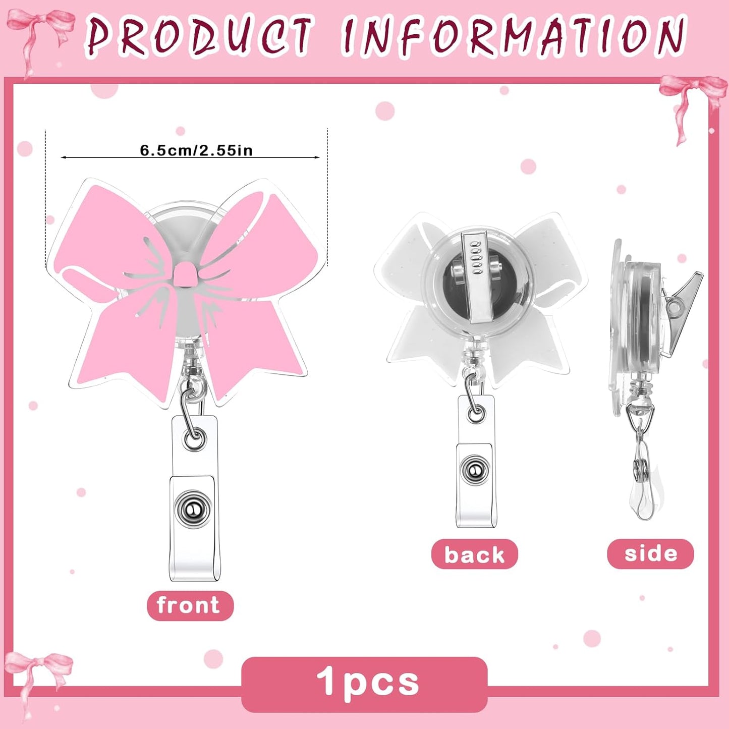Pink Bow Badge Reel Cute Retractable ID Holder Clip Accessories for Nurses' Day Gift Nurse Office Student Teacher Doctor Coworker Employee CNA RN MA LPN Medical(1 Pcs) -