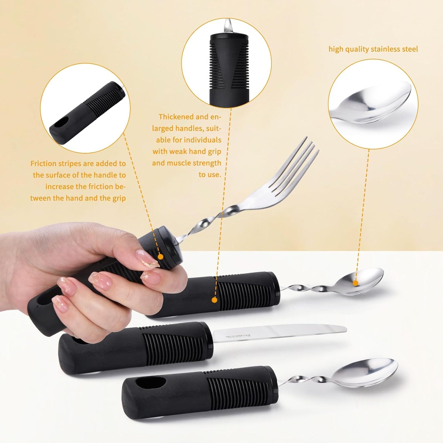 Foldable cutlery - Four-piece cutlery set - Weighted cutlery for hand tremors - Weighted silverware for Parkinson's disease patients - Arthritic hands - Stackable cutlery for adults - Adjustable cutlery - Black flexible cutlery