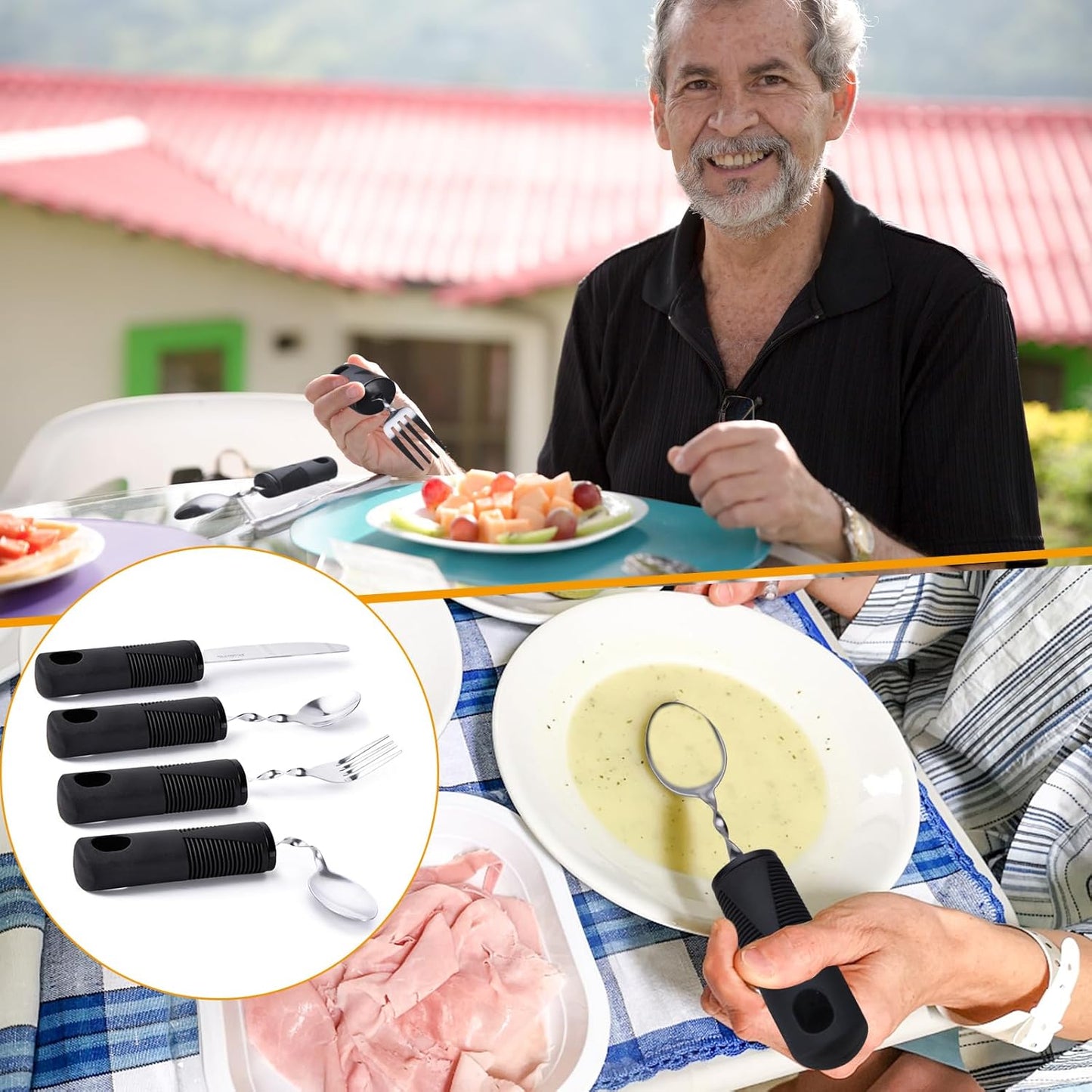 Foldable cutlery - Four-piece cutlery set - Weighted cutlery for hand tremors - Weighted silverware for Parkinson's disease patients - Arthritic hands - Stackable cutlery for adults - Adjustable cutlery - Black flexible cutlery