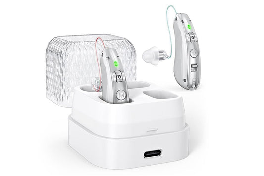 Smart Noise Reduction BTE Hearing Aid with Charging Case Rechargeable Sound Amplifier - Silver