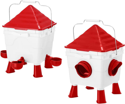 Chicken Feeder & Waterer Set - 8KG Food & 8L Water 4 Ports Gravity Dispenser