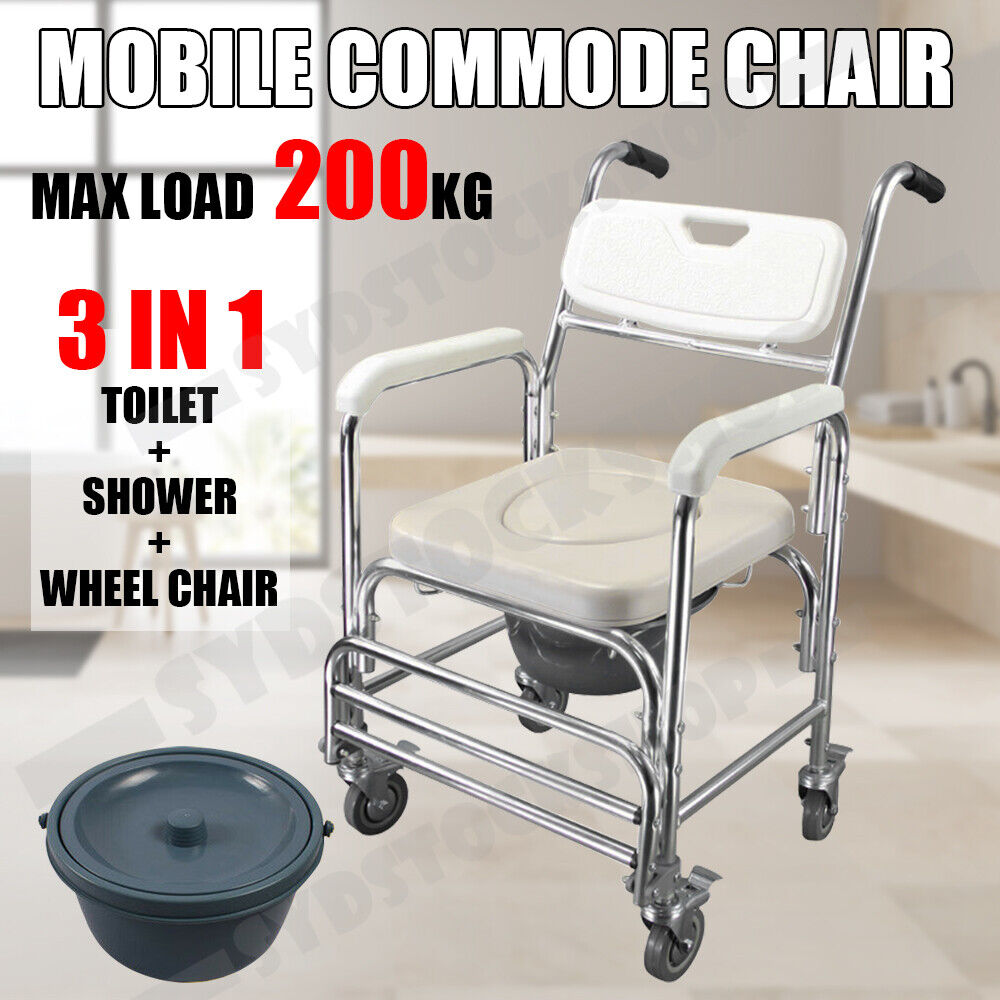 Heavy Duty Aluminum Bedside Commode Chair 200kg Mobile Shower Toilet Wheelchair