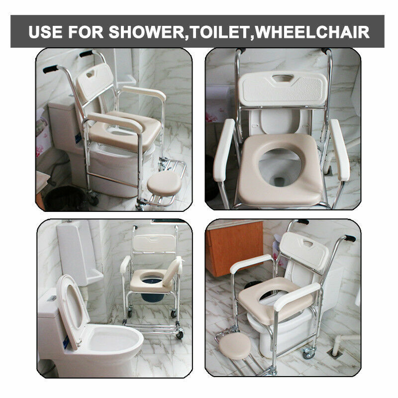 Heavy Duty Aluminum Bedside Commode Chair 200kg Mobile Shower Toilet Wheelchair