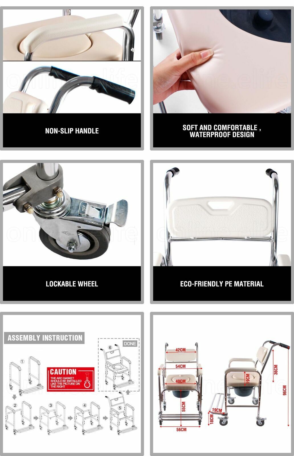 Heavy Duty Aluminum Bedside Commode Chair 200kg Mobile Shower Toilet Wheelchair