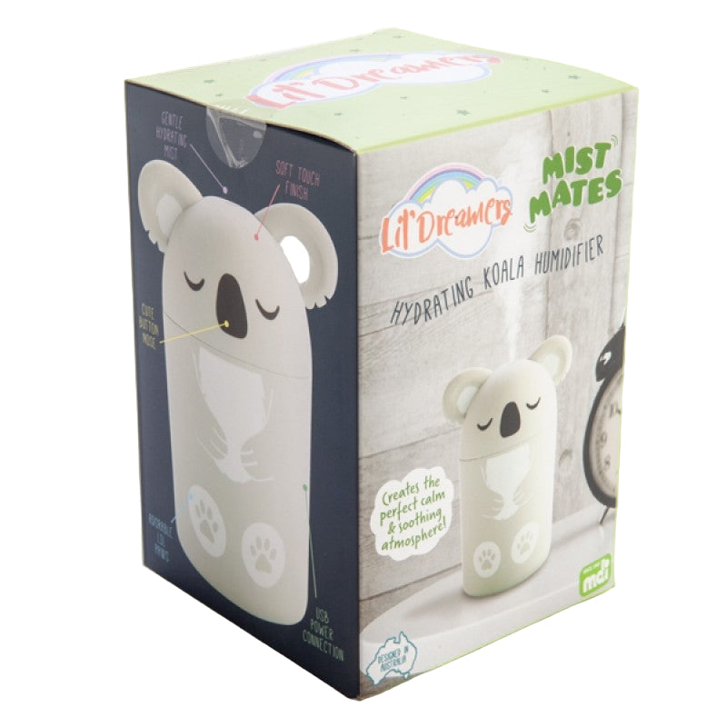 Box packaging of a koala-shaped humidifier with 'Mist Mates' branding on a green background.