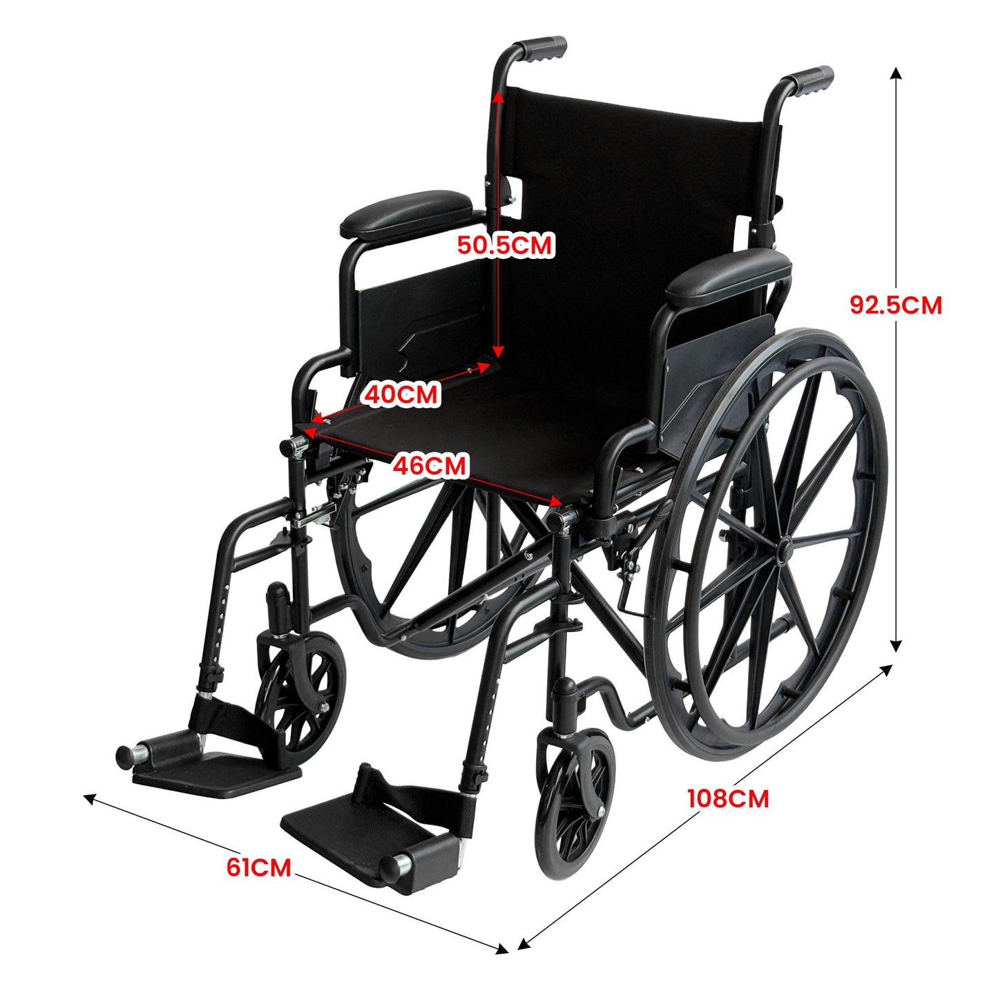 Lightweight Foldable Wheelchair with Steel Frame and Adjustable Footrests