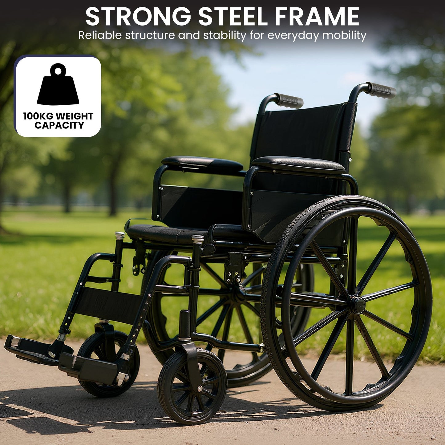 Lightweight Foldable Wheelchair with Steel Frame and Adjustable Footrests