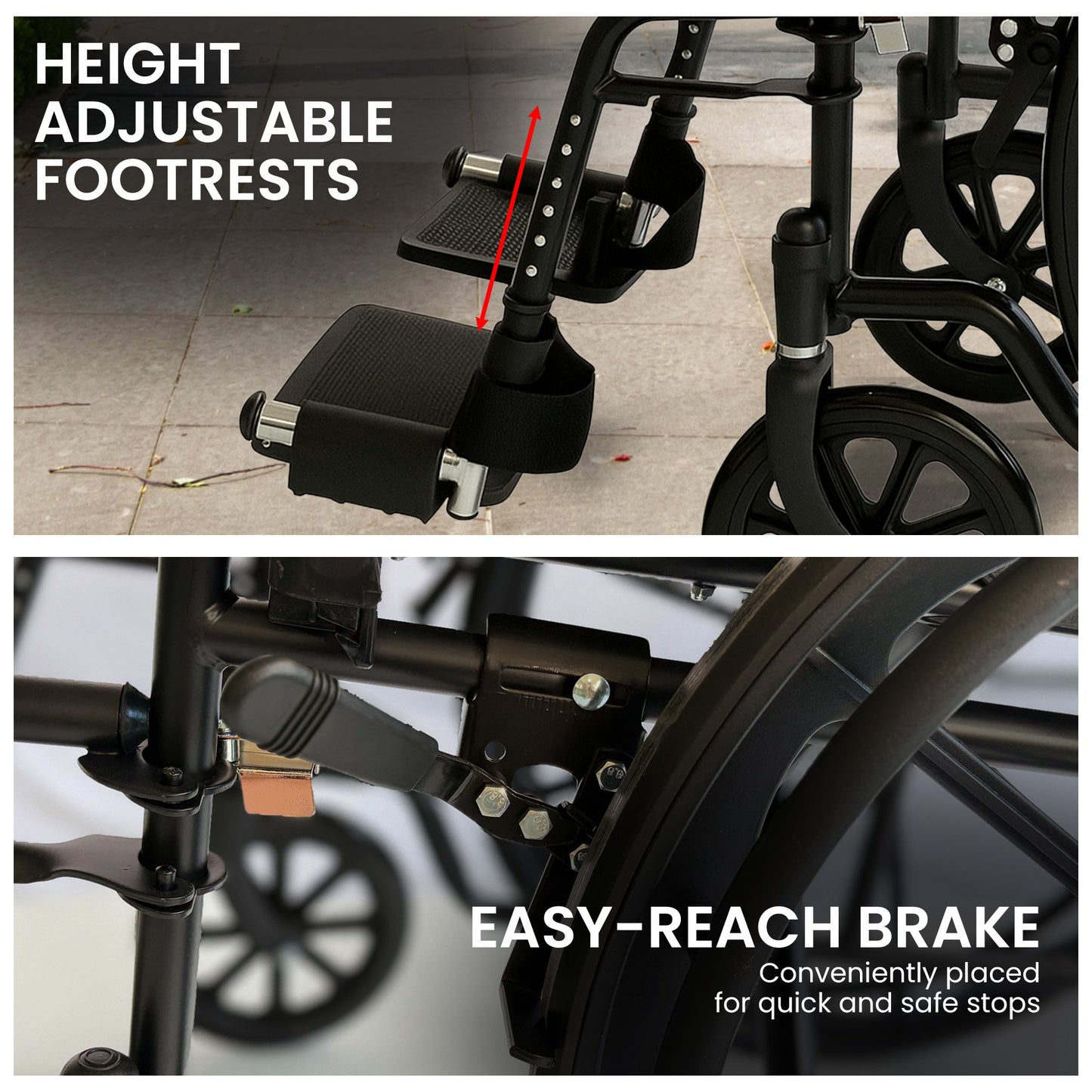 Lightweight Foldable Wheelchair with Steel Frame and Adjustable Footrests