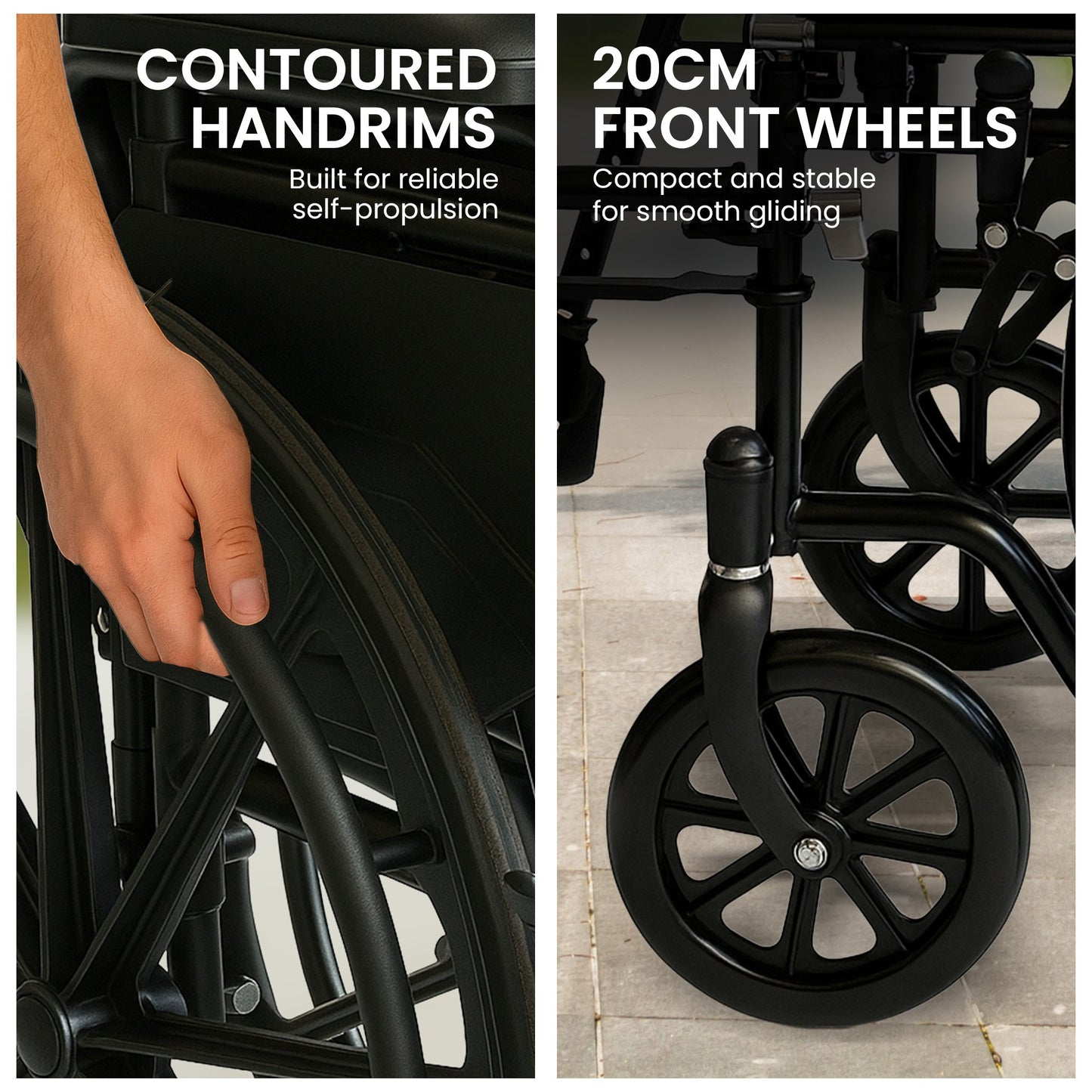 Lightweight Foldable Wheelchair with Steel Frame and Adjustable Footrests