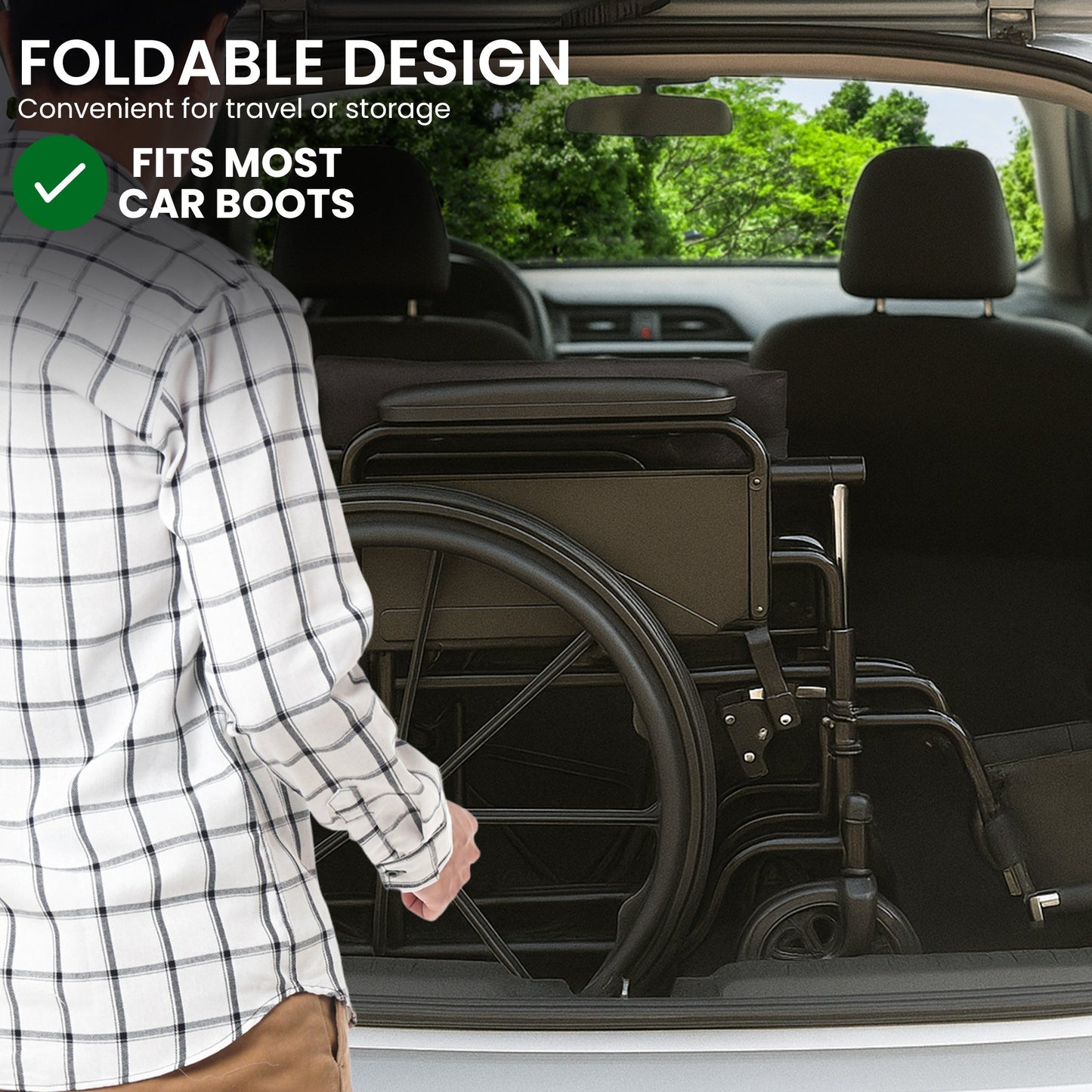 Lightweight Foldable Wheelchair with Steel Frame and Adjustable Footrests