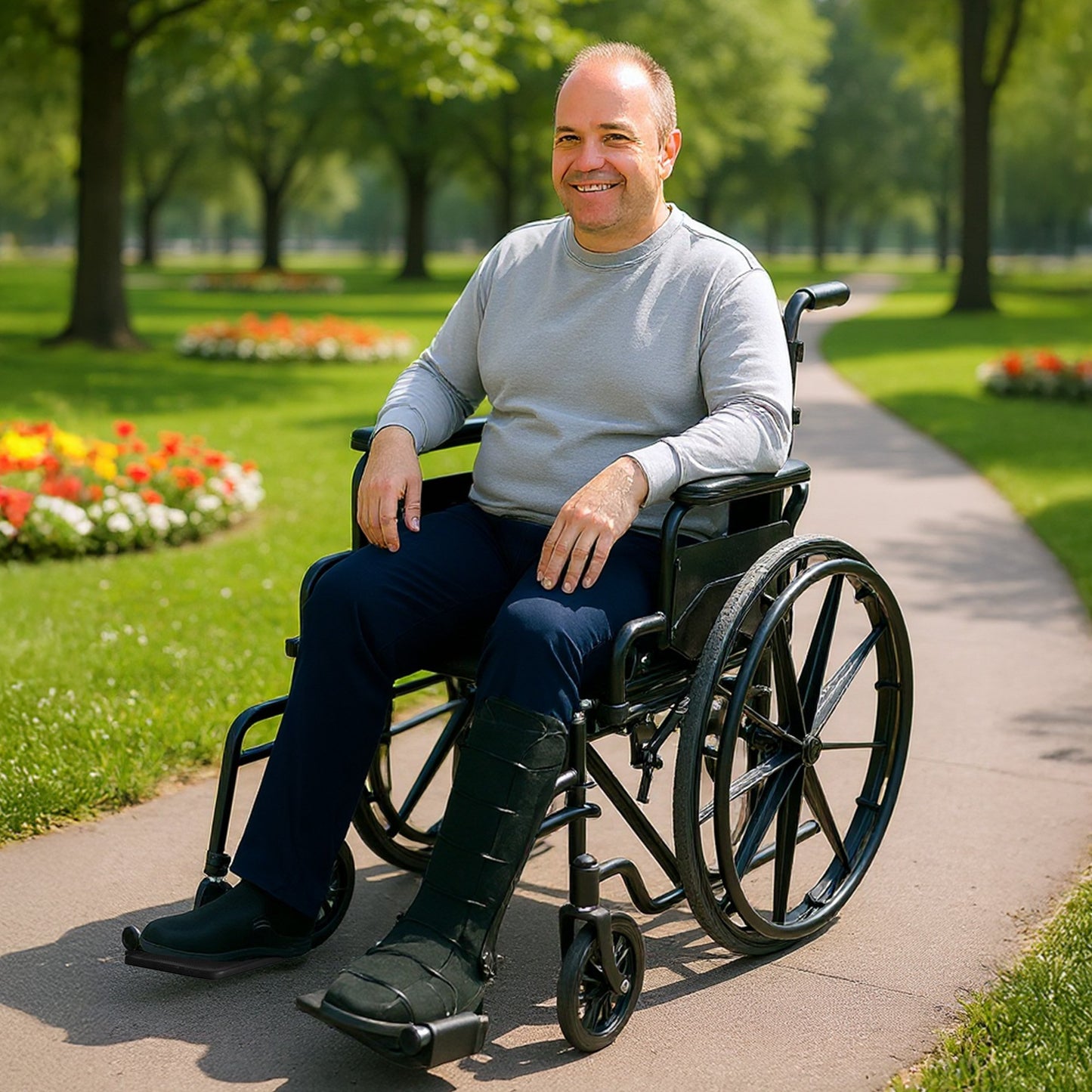 Lightweight Foldable Wheelchair with Steel Frame and Adjustable Footrests