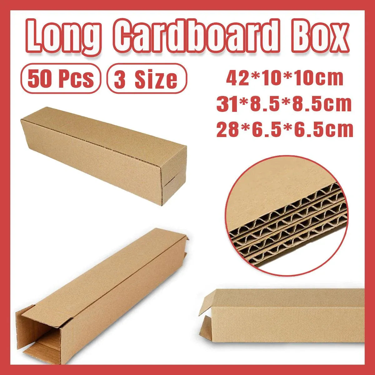 Shipping Boxes 50-Pack - Long Strip Cartons for Storage 10x10x42cm