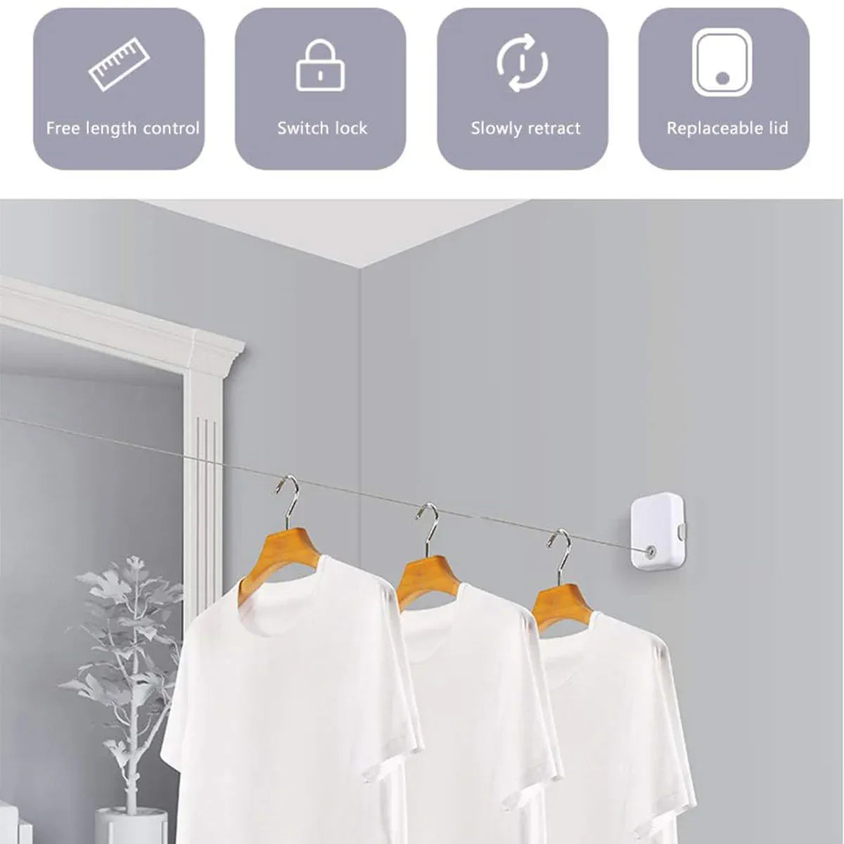 Invisible Clothesline Indoor Drying Rope Wall Mounted Laundry Retractable Line - Grey