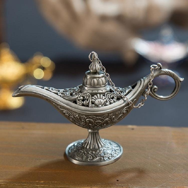 Metal Aladdin Magic Lamp Aromatherapy Home Decor Gift - Silver