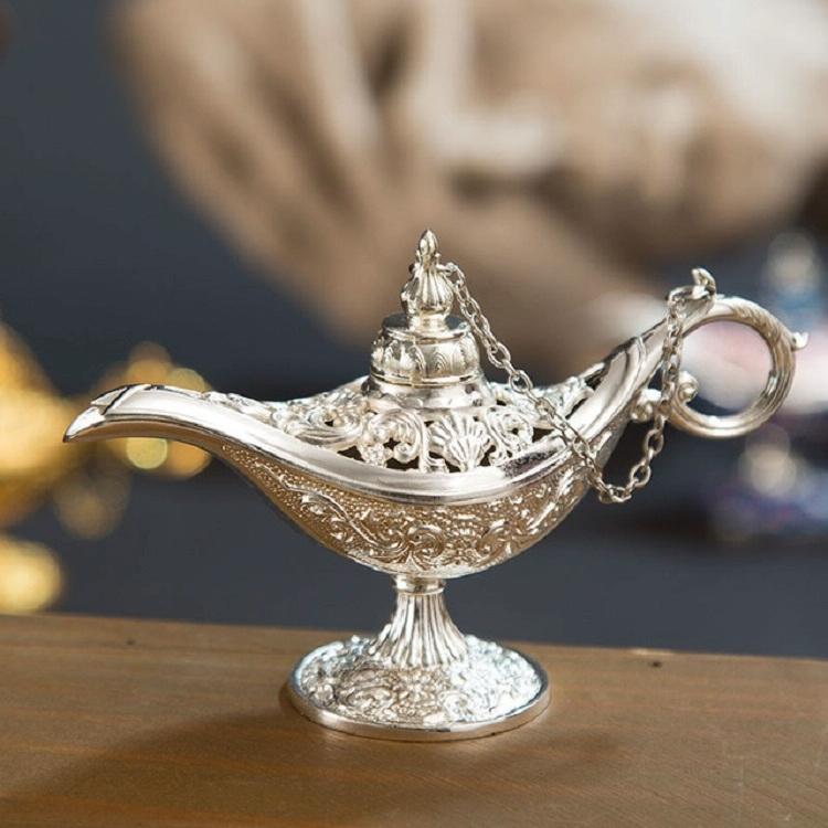Metal Aladdin Magic Lamp Aromatherapy Home Decor Gift - Silver