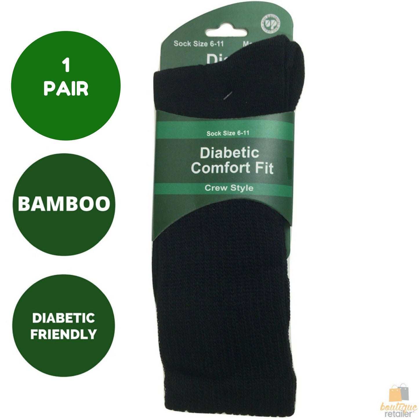 1 Pair DIABETIC BAMBOO Socks Work Socks Medical Loose Top Crew Cushion BLACK - 11-14