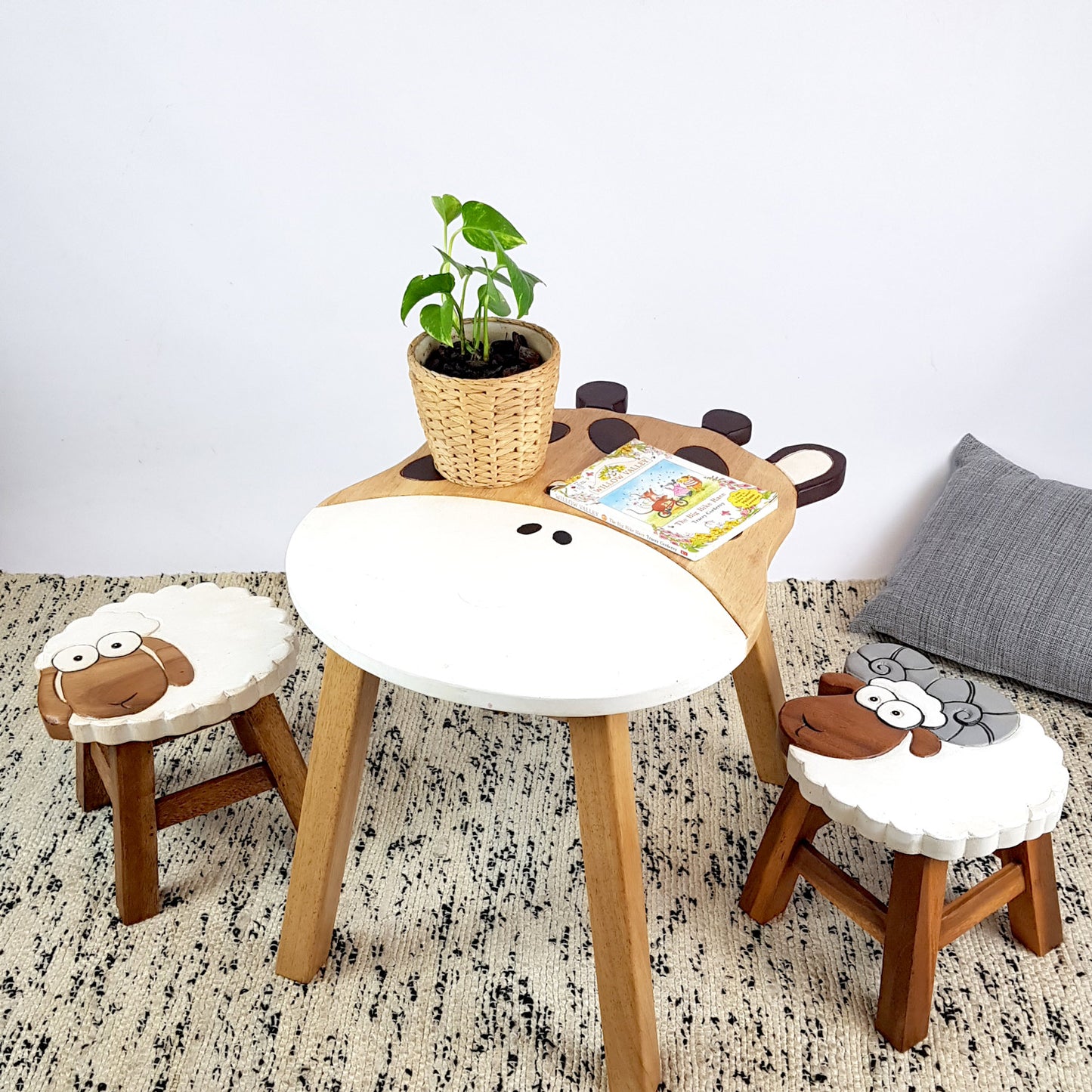 Giraffe Kids Table Set with Sheep & Ram Stools – Handmade Solid Hardwood