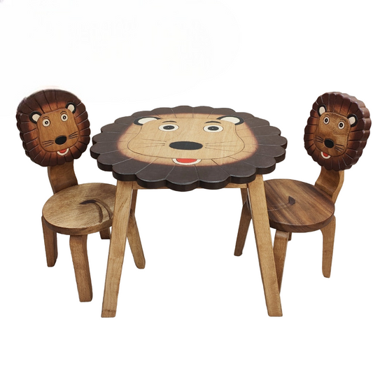 Lion Kids Table Set with 2 Chairs – Handmade Solid Hardwood