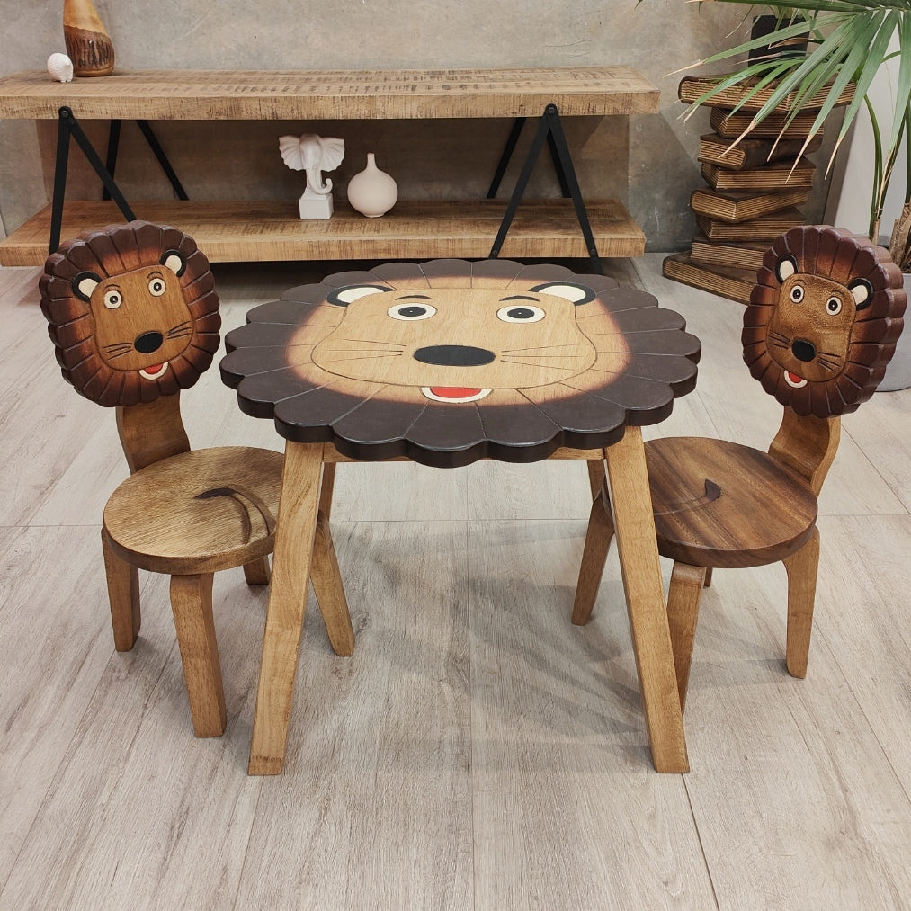 Lion Kids Table Set with 2 Chairs – Handmade Solid Hardwood