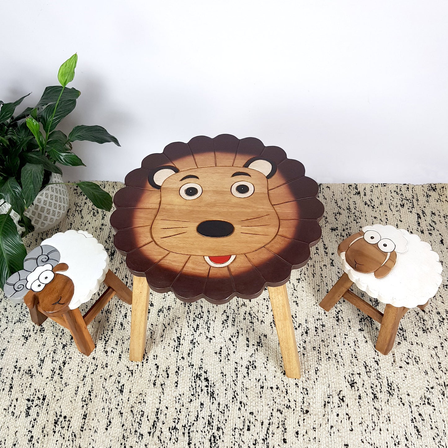Lion Kids Table Set with Ram & Sheep Stools – Handmade Solid Hardwood
