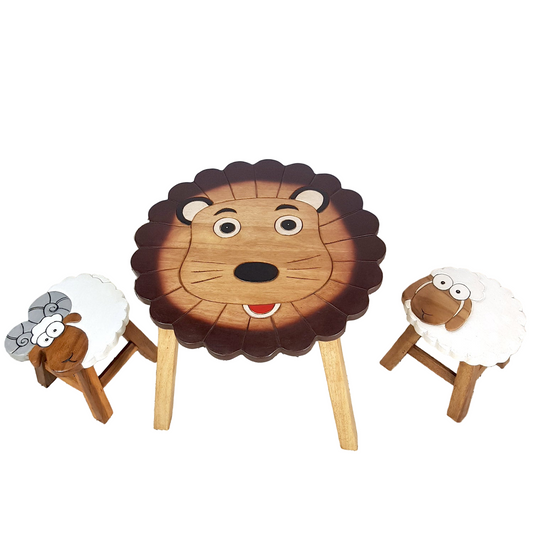 Lion Kids Table Set with Ram & Sheep Stools – Handmade Solid Hardwood