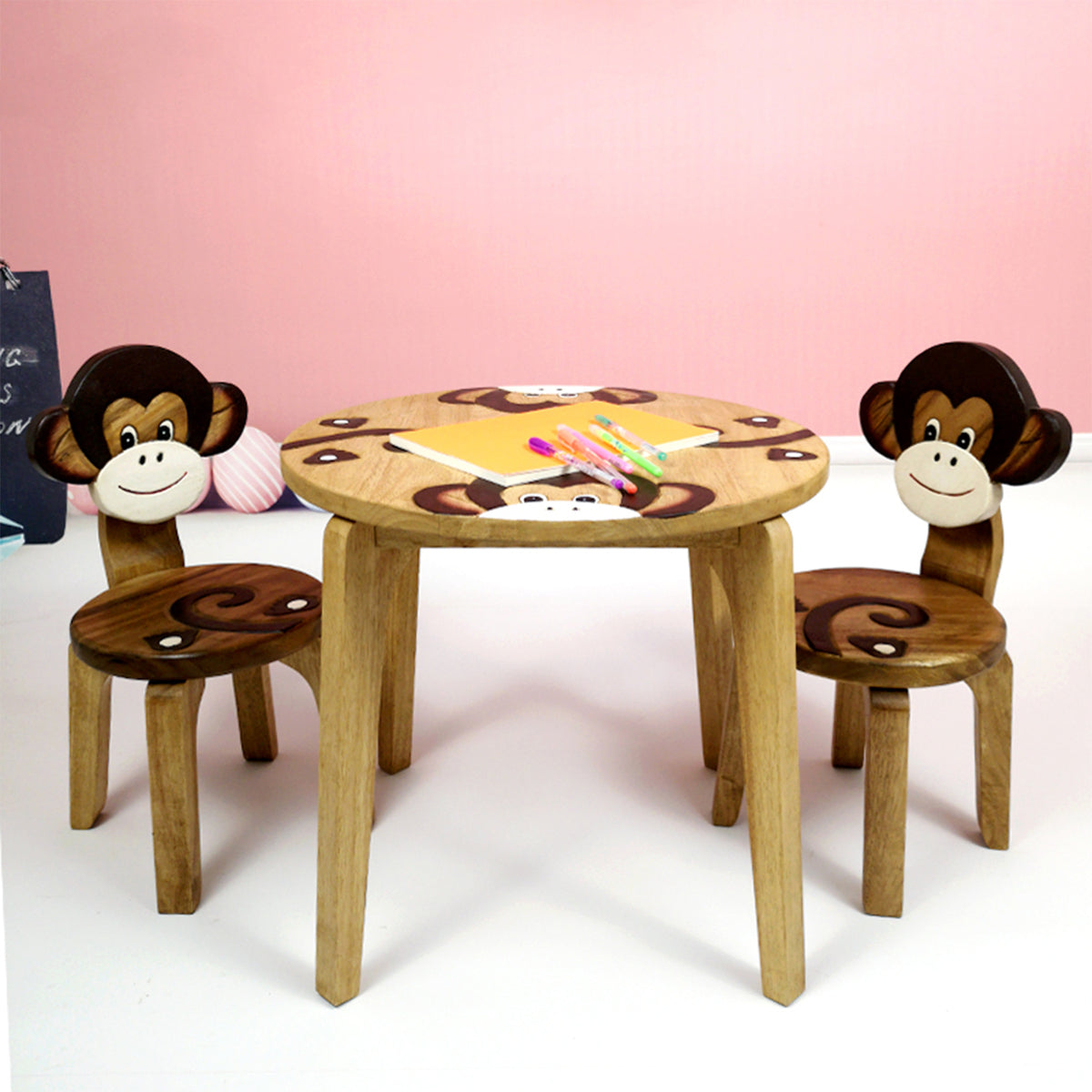 Monkey Kids Table Set with 2 Chairs – Handmade Solid Hardwood