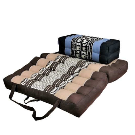 Foldable Meditation Cushion + Seating Block Set| Handmade Thai Kapok Floor Mat with Handle Brown Seat & Blue Block
