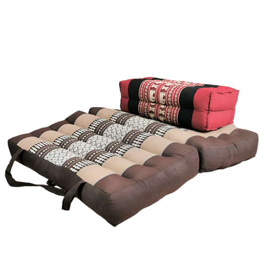 Foldable Meditation Cushion + Seating Block Set| Handmade Thai Kapok Floor Mat with Handle | Brown Seat & Red Block