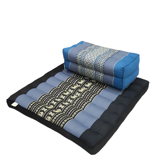 Foldable Meditation Cushion + Seating Block Set| Handmade Thai Kapok Floor Mat with Handle | Navy Seat & Blue Block