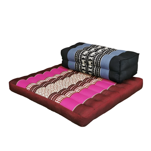Foldable Meditation Cushion + Seating Block Set| Handmade Thai Kapok Floor Mat with Handle | Pink Seat & Navy Block