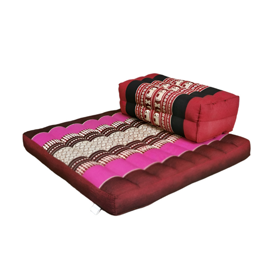Foldable Meditation Cushion + Seating Block Set| Handmade Thai Kapok Floor Mat with Handle | Pink Seat & Red Block