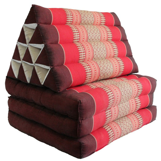 Triangular wedge cushion with striped pattern, shown in use, and brand 'Mangotrees' displayed.