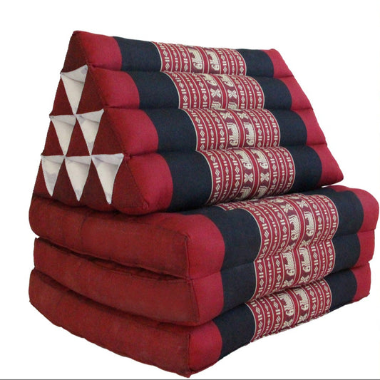 Collage of a red and black patterned folding mattress with people using it in various settings, featuring the Mango Trees brand.