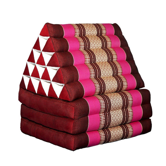 Triangular wedge cushions with colorful patterns and Mango Trees brand logo.