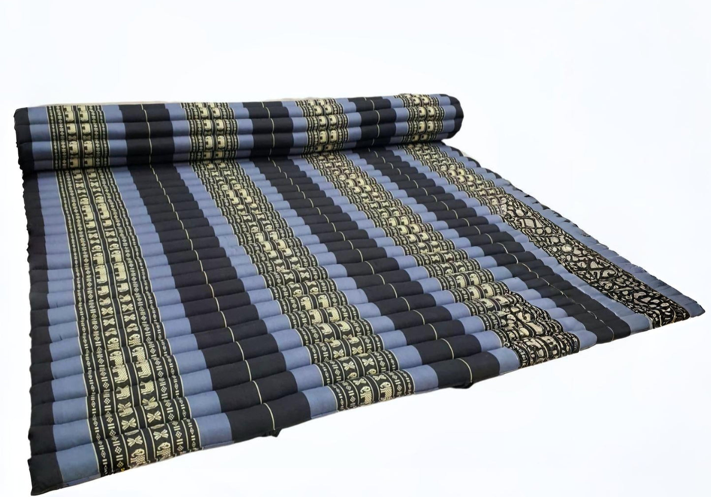 Rolled-up striped mat with blue, black, and beige pattern on a white background